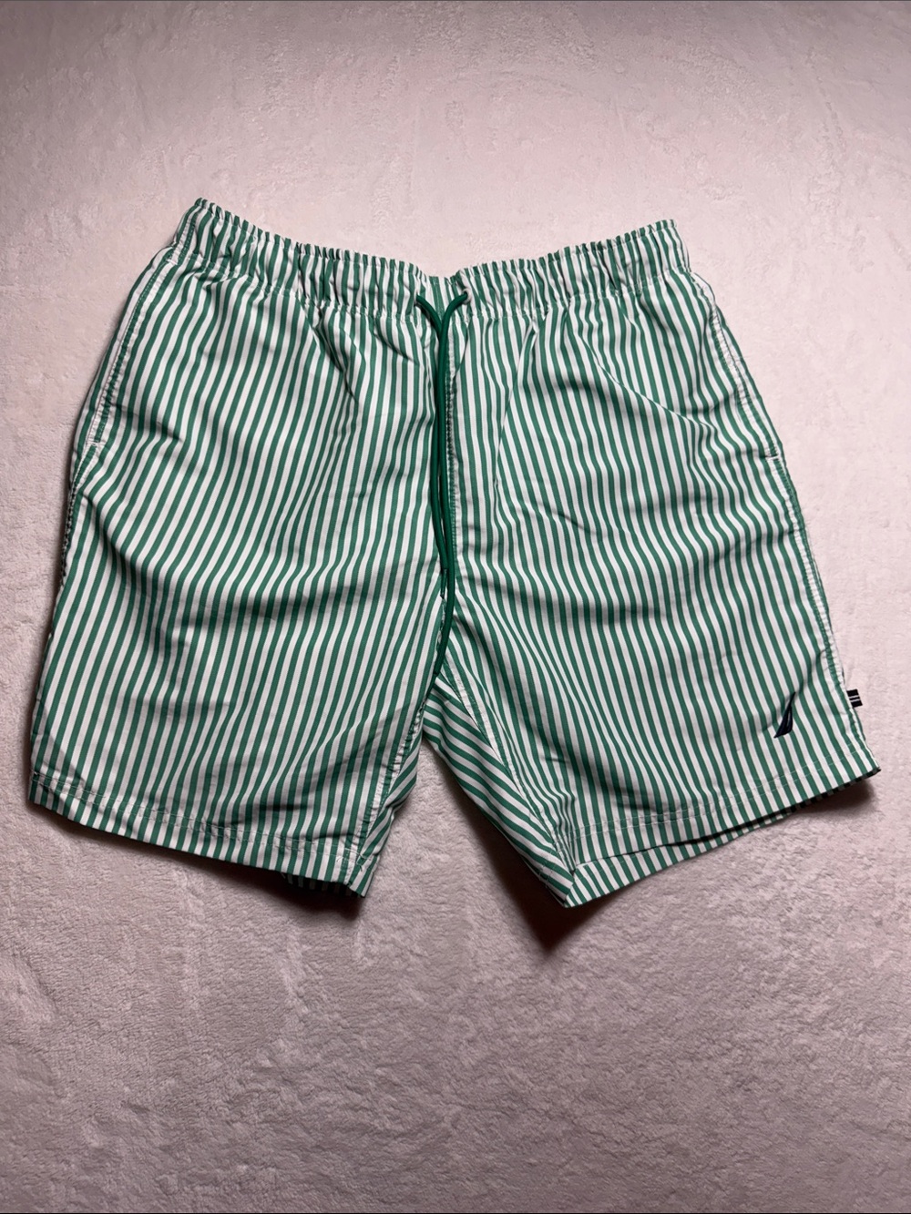 Nautica Green and White Striped Swim Trunks